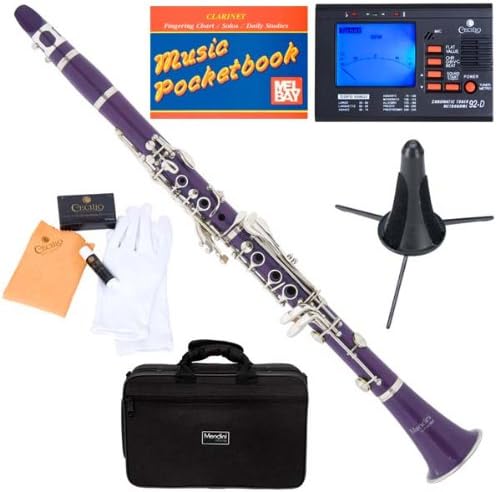 Mendini MCT-P Purple ABS B Flat Clarinet with Tuner, Case, Stand, Mouthpiece, 10 Reeds and More