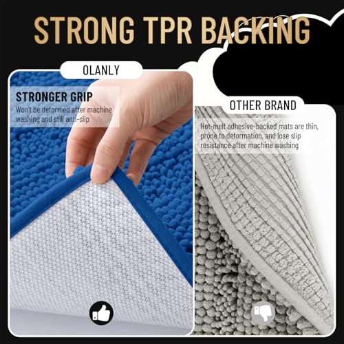 Image of OLANLY Thick Bathroom Runner Rugs 44x24, Extra Absorbent Chenille Striped Bath Rugs, Rubber Backing, Machine Wash, Long Bath Mats for Bathroom, Tub and Shower, Home Decor Accessories, Deep Navy Blue