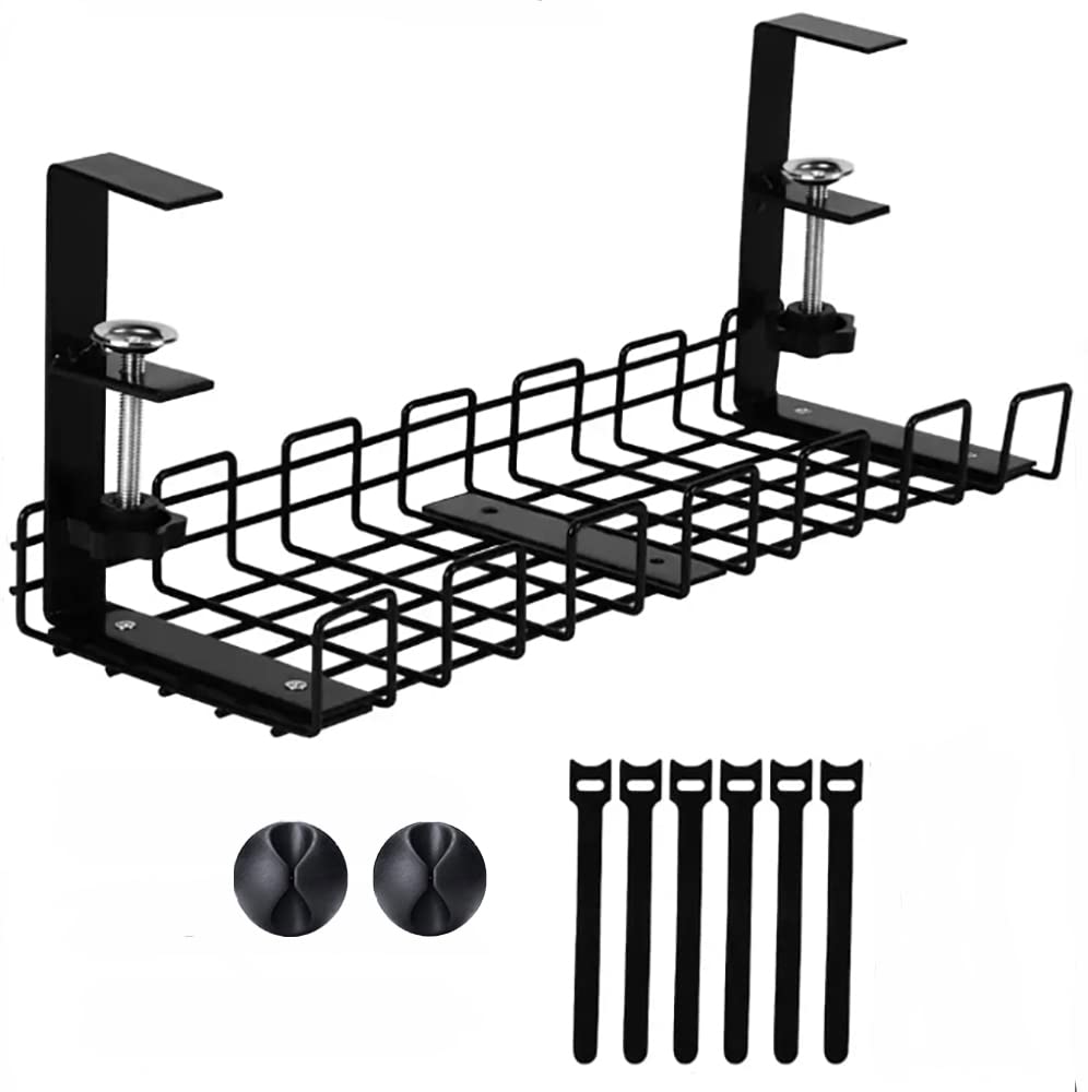 CLOUDFOUR Under Desk Cable Management Tray, Wire Organizer, Cord Management Rack, No Drill Power Cable Organizer with 2 cable clips and 6 Cable tie strap (Black)