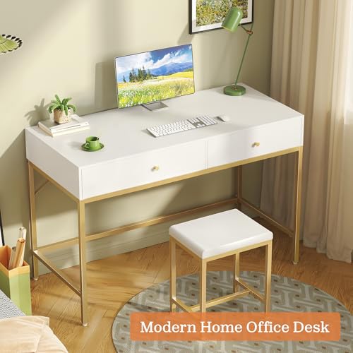 Image of SUPERJARE 43-inch Modern White & Gold Desk - 2 Drawer Vanity