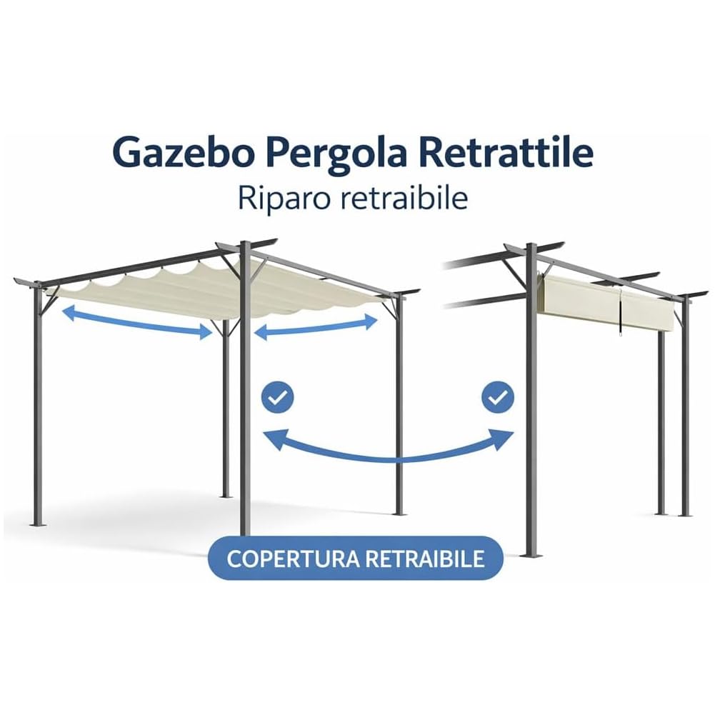 BAKAJI Gazebo Pergola Beige con Telo Retrattile in Poliestere Impermeabile e Anti UV, Struttura Resistente alle Intemperie, Ideale per Esterno, Giardino, Terrazzo, Patio, Ristorante, Bar (3 x 4 Metri)