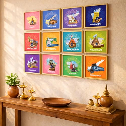 Image of 12 Jyotirlinga Wall Art Painting For Living Room | Lord Shiva Sacred Temples Framed Wall Art Paintings | Spiritual Home Decor Frames for Pooja Room, Office | Religious Gift Set (Set of 12), 9x9 Inch