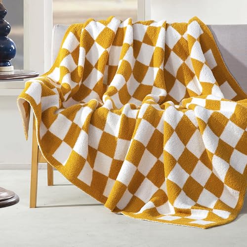 Image of Elegant Comfort Checkered Throw Blanket, Gold Super Soft Cozy Fluffy Warm Throw Blankets for Couch, Sofa, Chair, Bed, Camping, Picnic, Travel Lightweight Bed Blanket (50 inch x 70 inch)