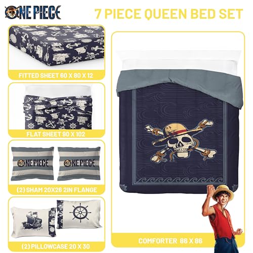 Image of One Piece Luffy Queen Comforter Set 7 Piece Soft Anime Bedding, Blue | Bed in a Bag, Comforter Sheets Shams Pillowcases, Official Product, Soft Microfiber, Machine Washable, Kids Gift