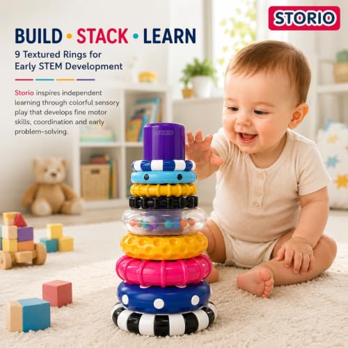 Image of Storio Stacks of Circles Stacking Ring Toy for Babies 6+ Months | 9-Piece Multi-Color STEM Learning | Educational Baby Toy for Fine Motor Skills | Textured Rings with Sound Beads | Montessori Learning