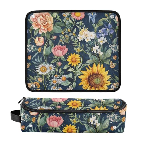Bolsa de viaje para herramientas de cabello y tapete resistente al calor impermeable para plancha y rizador, diseño floral azul marino miniatura 3