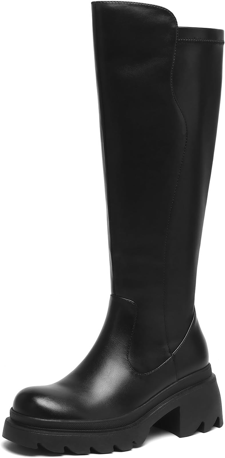 AIUNIID Women's Knee High Boots Low Heel Platform Lug Sole Boots Round Toe Side Zippe Tall boots Comfortable Stretch Calf Dress Long Boots