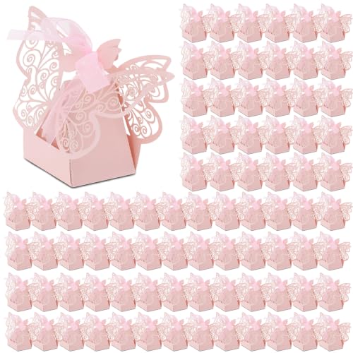 Boîtes à dragées de mariage à motif papillon rose (10,9 x 7,9 x 4,3 cm)