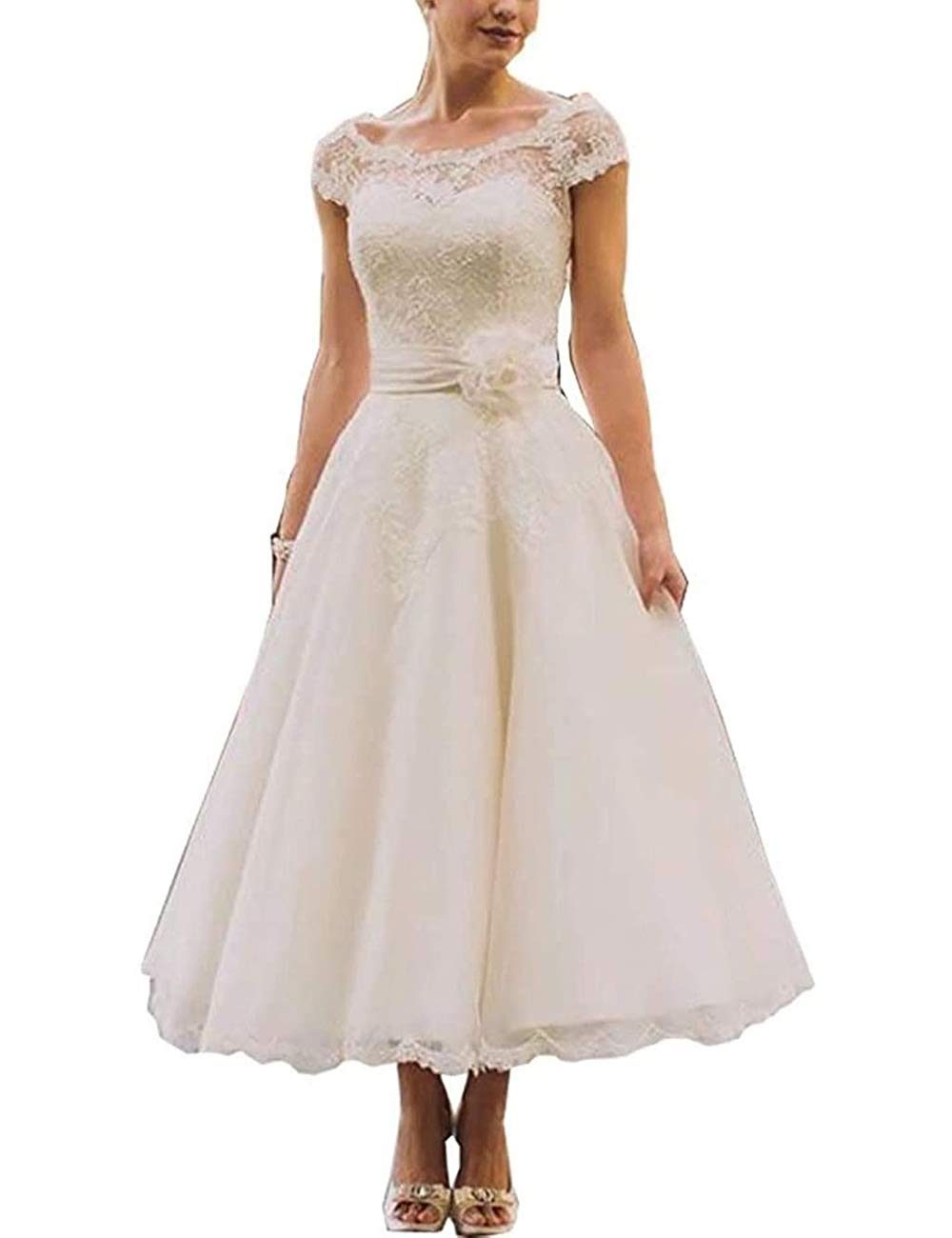 Vestido de Noche de Manga Corta en la Palabra a Elegante Vestido de Baile de Bodas de Proa Vestido de Cóctel con Encaje Largo en el Vestido, Blanco, 58