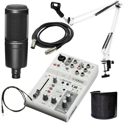 YAMAHA ミキサー AG03MK2 W(白) + コンデンサーマイクAT2020 + アーム型スタンドMPC1(白) + ポップガード + XLRケーブル + ミニケーブル 配信セット (white)
