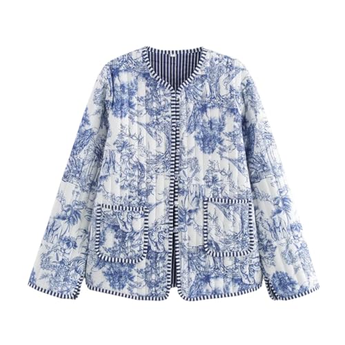 Women's Vintage Color Contrast Printed Splicing Cotton Jacket Casual Long Sleeve Quilted Coats