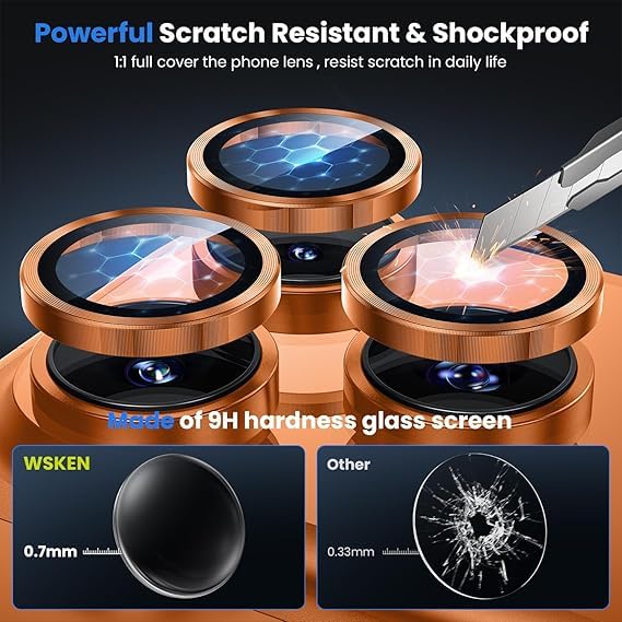 Image of WSKEN Camera Lens Protector Ring Compatible For iPhone Camera Protection - 9H Hardness Scratch-Resistant Bubble-Free HD Tempered Camera Metal Glass Tempered Glass Screen Protector Film Mobile Phone Case Friendly (Cosmic Orange, iPhone 17 Pro & 17 Pro Max)