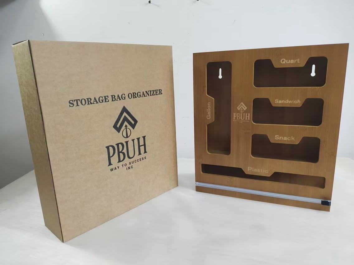 PBUH 5 in 1 Bamboo Bag Storage Organizer for Kitchen Drawer, 5 Slots with Cutter, Compatible with Gallon, Quart, Sandwich and Snack Bags