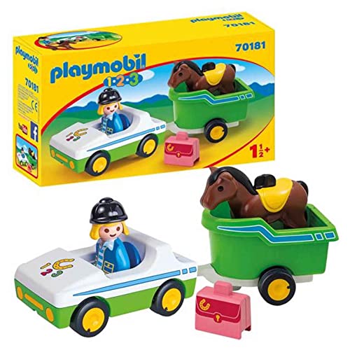 PLAYMOBIL 1,2,3 70181 Coche con Remolque de Caballo, a partir de 18 Meses