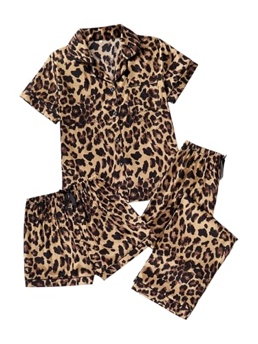 WDIRARA Women's 3 Piece Leopard Pajama Set Short Sleeve Button Down Shorts Pants Pjs Sleepwear