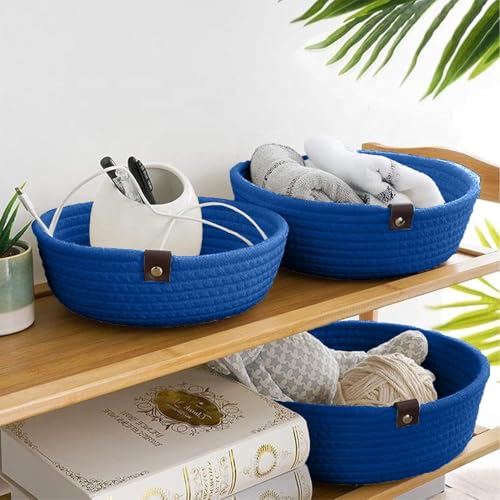 Image of Handmade Jute Cotton Storage Baskets Set of 3 for Dining Table, Fruit Basket & Roti Bowl, Cane Style Organizer for Kitchen, Home Decor, Washable Multipurpose (Blue)