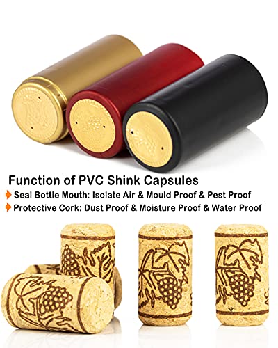 Guudoo 200 Pcs Wine Bottle Corks And Seals, 100 Count Natural Wine Corks And 3 Colors (Red, Black, Gold) 100 Count Pvc Heat Shrink Capsules For Wine Bottles, Size 8 Straight Cork Stopper #TOP4