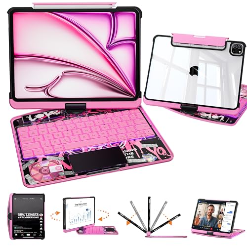 Image of Transparent Keyboard Case for iPad Pro 13 Inch (M5 2025 /M4 2024) with Multi-Touch Trackpad, 360 Rotating Stand, 7-Color 3-Level Backlit, Wireless Bluetooth, Pencil Holder, Pink