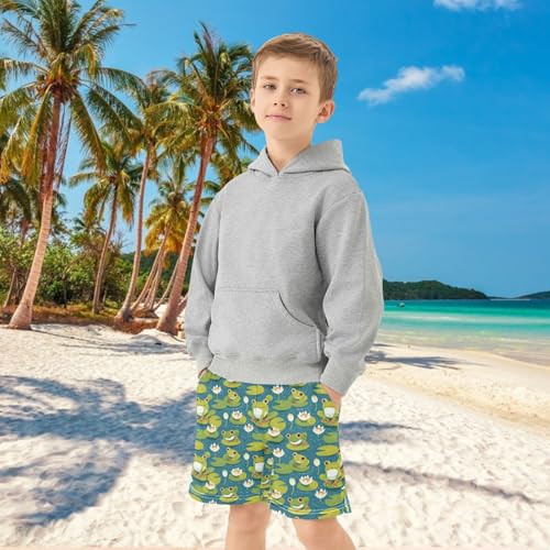 Boys Athletic Shorts with Pockets Cartoon Green Frog Running Basketball Shorts for Youth Elastic Waist Size 7-84