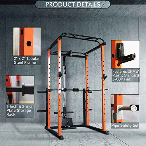 RitFit Power Cage with LAT Pull Down and 360° Landmine, 1000LB Capacity Power Rack Full Home Gym for Weightlifting, Come with J-Cups,Dip Bars and Other Attachments