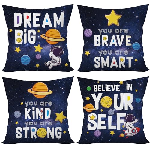 Image of Yuzi-n Outer Space Pillow Covers Planet Astronaut Space Pillow Cases Decor for Nursery Kids Bedroom Playroom Classroom, 18 x 18 Inch Set of 4,Navy Blue-Space Dream Big