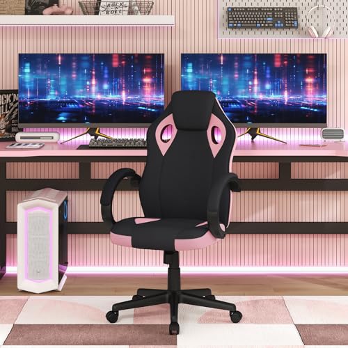 Sedia Gaming, Sedia per PC, Ergonomica con Tessuto Traspirante, Altezza Regolabile, Ruote, Schienale, Braccioli e Funzione Basculante, Nero+Rosa - Sedia gaming - Immagine 3