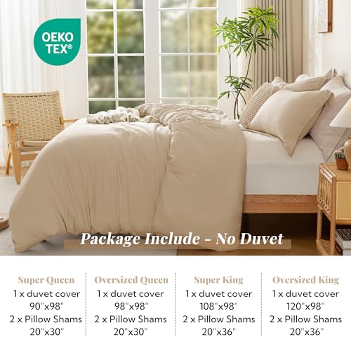 Image of MILDLY Duvet Cover 120 inchx98 inch Ultra Soft Comforter Cover Set 3pcs, Khaki | Washed Microfiber Cotton-Like, Breathable Comfort, Hidden Zipper, Corner Ties, OEKO-TEX Certified, Fade Resistant
