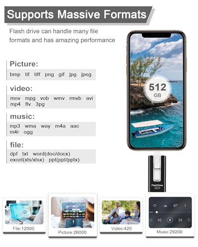 Image of USB Flash Drive 512GB, Photo Stick Memory External Data Storage Thumb Drive Compatible for Phone, Pad, Android, PC and More Devices (Black)
