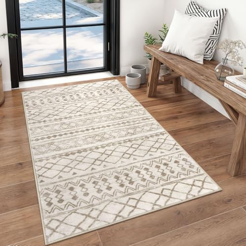 KUTA Boho 3x5 Rug for Entryway Moroccan Washable Area Rug Beige Navy Blue