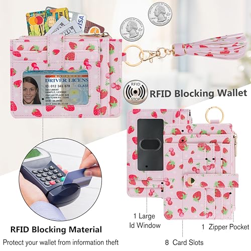Image of KNGITRYI Wristlet Wallet for Women,RFID Keychain Wallet with Beaded Strap | 8 Card Slots,ID Window,Zipper Pocket,Leather Tassel,Compact Design