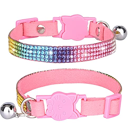 FUNAT Rhinestone Cat Collar with Bell, Microfiber Soft and Comfortable Cat Collar, Colorful Rhinestone Cat Collar, Cat Collar with Cat Head Safety Buckle