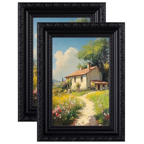 Image of eletecpro 4x6 Vintage Picture Frame, Glass Cover, Black, 2-Pack | Display Photo 3.5x5 with Mat or 4x6 without, Horizontal or Vertical, Tabletop or Wall Decor