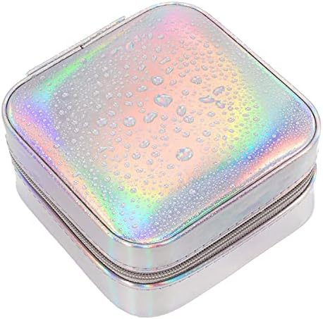 BeShiny Jewellery Box, Small Travel PU Leather Jewellery Case with Zippers for Rings Earrings Necklace Bracelets Jewelry Storage Organiser Box for Women Girls Gift, Iridescent