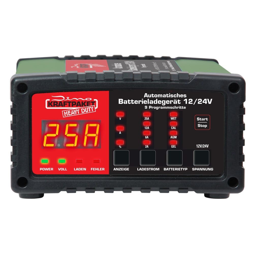 Dino KRAFTPAKET 25 a/12 a/6 a/2 a-12 V/24 V regulowana inteligentna i automatyczna ładowarka do akumulatorów | ładowarka samochodowa do akumulatorów ołowiowo-kwasowych, żelowych, EFB, Cal, AGM |