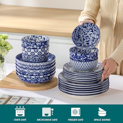 Geschirrset 6 Personen, vancasso Serie SELENE 24-tlg Hochwertiges Keramik Geschirr set Tafelservice aus Porzellan Blau-Weiß Geschirrsets mit Speiseteller, Salatteller, Suppenteller und Schüsseln