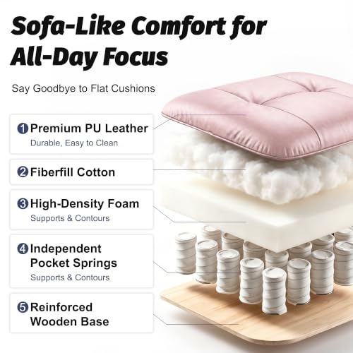 Image of Efomao Executive Office Chair 400lbs,Pink Big and Tall Desk Chair | Mattress-grade pocket spring cushion, sleek leather, 135 recline & footrest for computer gaming setup.