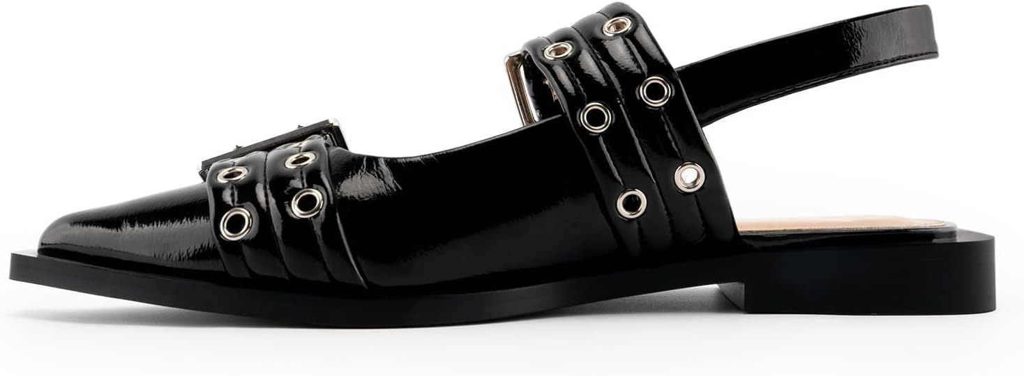 Slingback Flats for Women, Buckle Ballet Flats with Close Toe Pointed Toe Block Heel Dress Flat Shoes