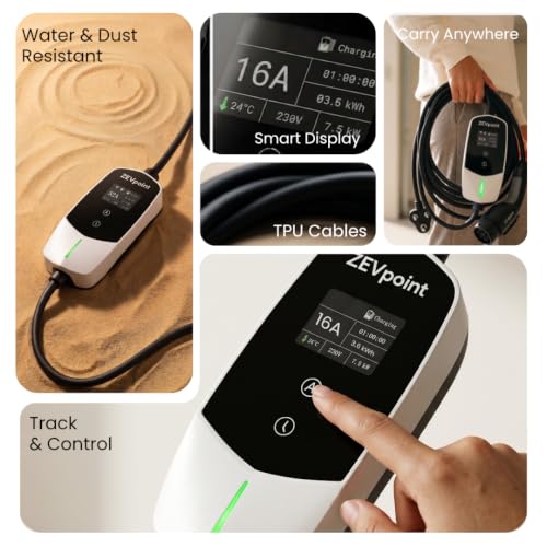 Image of Zevpoint 3.6kW Portable EV Charger | Wall Bracket + Bag | 5 Meters, Adjustable Power, TPU Cable, 16A | LED Screen | 10+ Advanced Safety Features | Upto 5-yr Warranty (Dash 3.6kW)