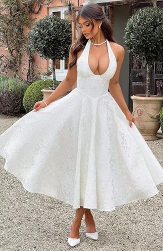 UZN Halter Tea Length Prom Dresses 2025 Jacquard Satin Deep V-Neck A-Line Formal Evening Party Gowns3