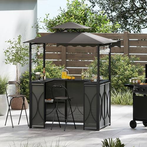 GOPLUS 4 Pcs Ensemble Salon de Bar, Abri Barbecue Jardin Exterieur avec Auvent Latéral, Table de Bar, 2 Tabourets Pliants, Crochet et 4 Rangées Porte-Verres...