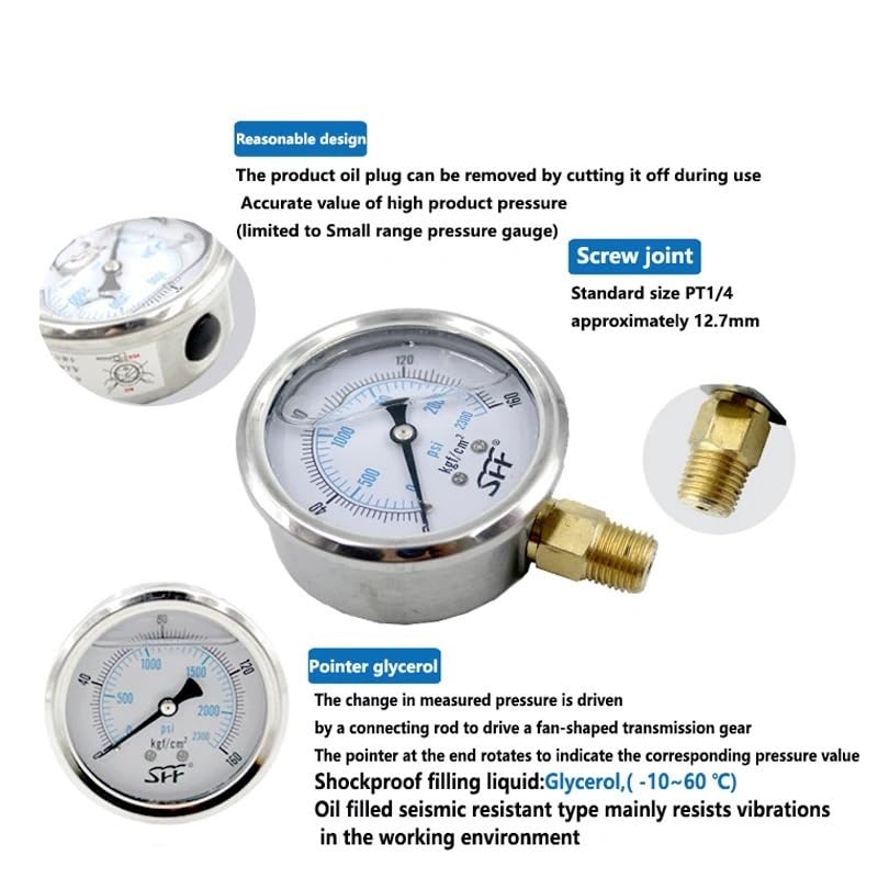 Manómetros de presión de llenado de glicerina resistentes a golpes hidráulicos YN60 PT/G1/2 radiales con caja de acero inoxidable y junta de latón, 16/25/400 Mpa/kg, 1 unidad(0-0.4Mpa 4Kg Brass)