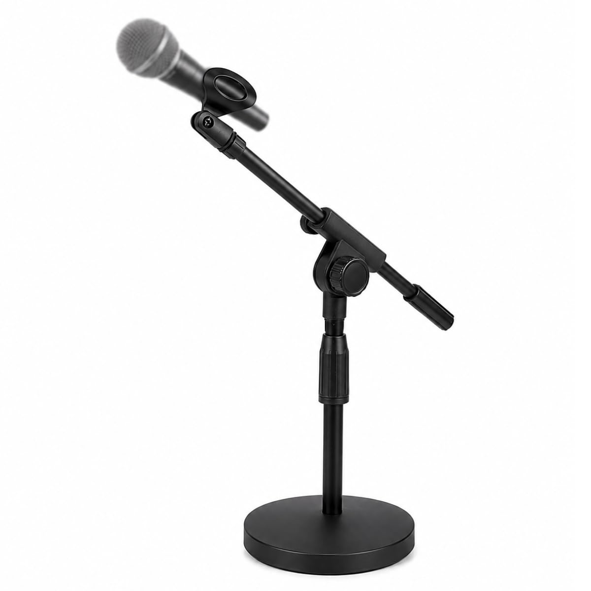 device of urban infotech mini microphone stand with adjustable boom arm, round base desktop mic stand for condenser/dynamic mic, podcast, recording, singing studio