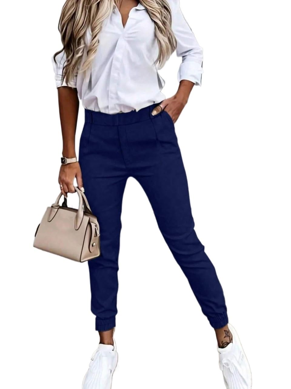 Fall High Waisted Pant Trousers for Women Solid Color Slant Pockets Button Detail Winter Cloth Outfits