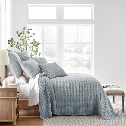 Image of Levtex Home Mills Waffle Full Bedspread Set (100x104in) with 2 Pillow Shams (26x20in) - Chambray - Cotton Waffle Full Size Bedspread Set - Lightweight, Soft, Pre-Washed