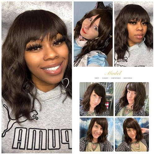 Image of Nnzes Short Wavy Bob Wig with Bangs for Women Shoulder Length Curly Natural Brown Synthetic Heat Resistant Fiber Hair for Daily Party Use
