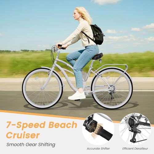 Image of MOONCOOL Beach Cruiser Bike for Women and Men, 24 /26 Inch 7-Speed Adult Bicycle, Comfortable Step-Through Frame with Rear Rack, Classic City Cruiser