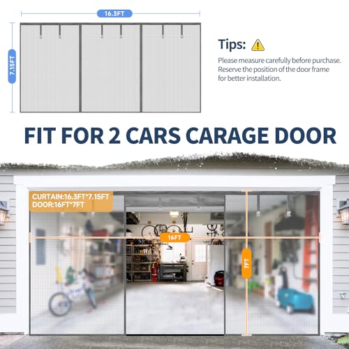 Image of Garage Door Screen for 2 Car Garage,16X7Ft Heavy Duty Magnetic Garage Screen,Durable Nylon Screen Door Mesh,Tear-Resistant, Pet and Kid Friendly Door Screen,Silver Grey