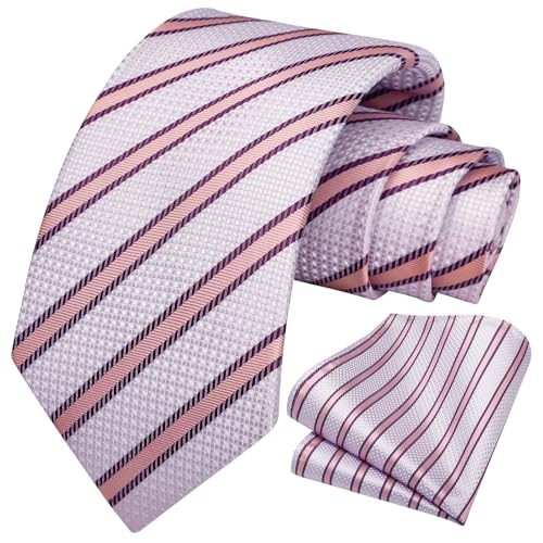 Image of HISDERN Mens Striped Ties Classic Silk Woven Tie and Pocket Square Set Formal Business Necktie Handkerchief for Wedding