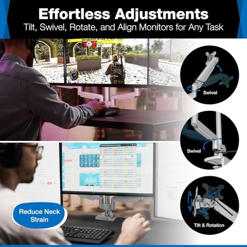 Image of Mount-It! Triple Monitor Mount with Gas Spring Arms, Fits 24-32 Inch Screens, USB & Audio Ports, Full Motion Desk Stand with Tilt, Swivel & Rotation, Heavy Duty Silver 3 Screen Arm with Clamp