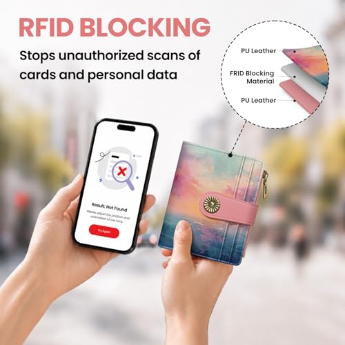 Image of Small Wallet for Women, RFID Blocking Bifold Card Holder Wallet with 10 Card Slots, Cash Compartment, Zipper Coin Pocket & ID Window, Cute Soft Vegan Leather Compact Wallet, Sunset